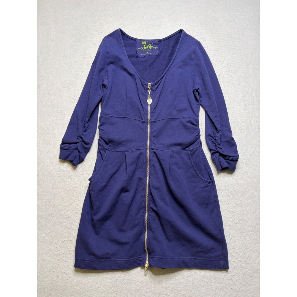 Green Dragon Zip Front Dress Womens Medium Blue Boston Proper Y2K Ruched Sleeve